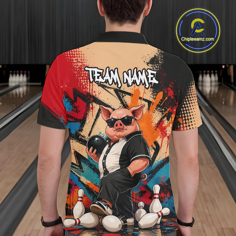 Funny Pig Bowling Shirt for Men Colorful Paint Splatter Bowling Team Jersey QZT1211