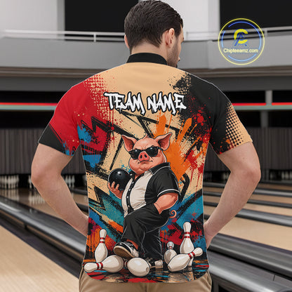 Funny Pig Bowling Shirt for Men Colorful Paint Splatter Bowling Team Jersey QZT1211