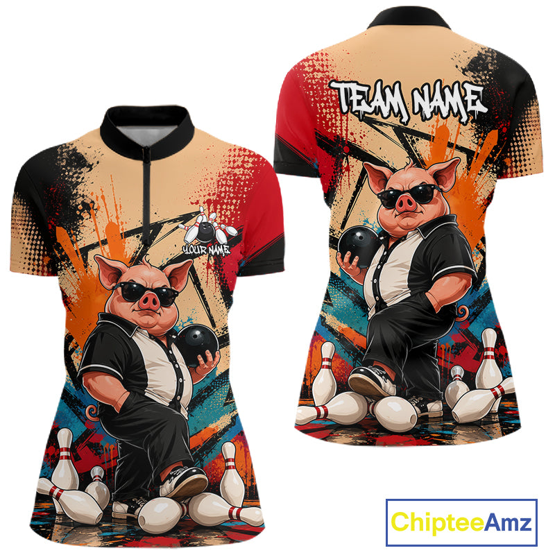 Funny Pig Bowling Shirt for Women Colorful Paint Splatter Bowling Team Jersey QZT1211