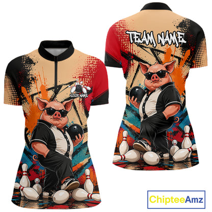 Funny Pig Bowling Shirt for Women Colorful Paint Splatter Bowling Team Jersey QZT1211