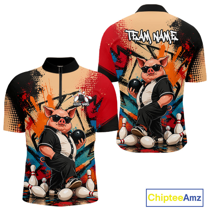 Funny Pig Bowling Shirt for Men Colorful Paint Splatter Bowling Team Jersey QZT1211