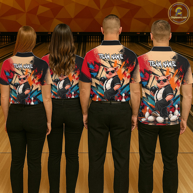 Funny Pig Bowling Shirt for Men Colorful Paint Splatter Bowling Team Jersey QZT1211