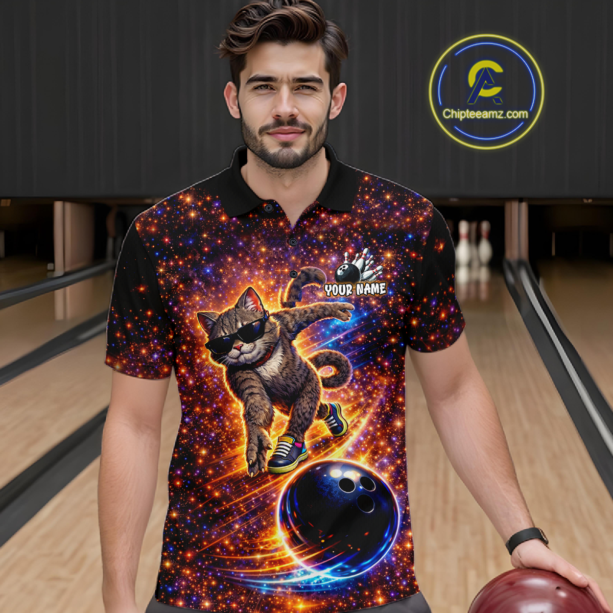 Custom Galaxy Funny Cat Bowling Shirt for Men Bowling League Jersey Polo & Quarter-Zip Bowling Outfit QZT917