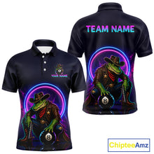 Load image into Gallery viewer, Black polo shirt with a colorful design of a crocodile in a cowboy hat and suit, holding an 8-ball, on a white background. 'Chiptee Amz' brand visible.
