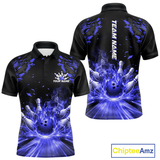 Custom Blue Flame Bowling Team Shirt for Men Polo & 1/4-Zip Bowling Jersey Bowling League Uniform QZT866