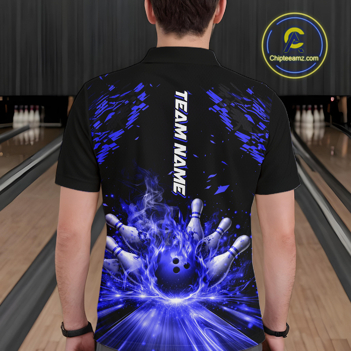 Custom Blue Flame Bowling Team Shirt for Men Polo & 1/4-Zip Bowling Jersey Bowling League Uniform QZT866