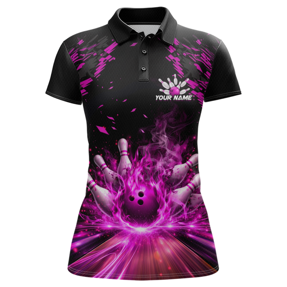 Custom Pink Flame Bowling Team Shirt for Women Polo & 1/4-Zip Bowling Jersey Bowling League Uniform QZT866