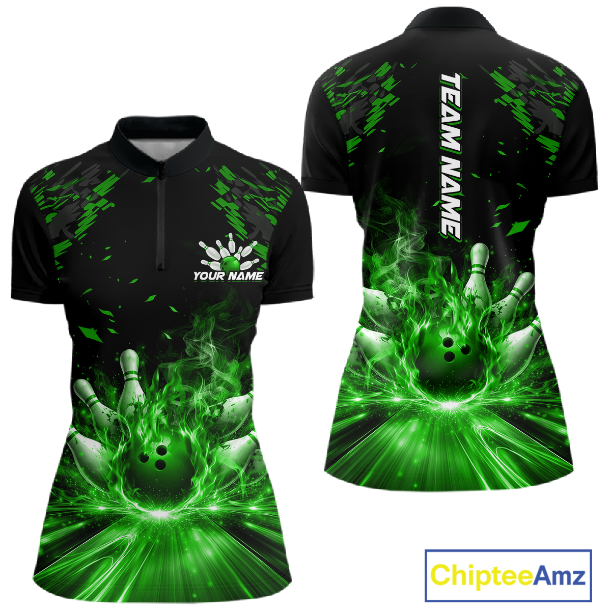 Custom Green Flame Bowling Team Shirt for Women Polo & 1/4-Zip Bowling Jersey Bowling League Uniform QZT866