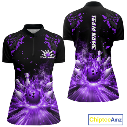 Custom Purple Flame Bowling Team Shirt for Men Polo & 1/4-Zip Bowling Jersey Bowling League Uniform QZT866