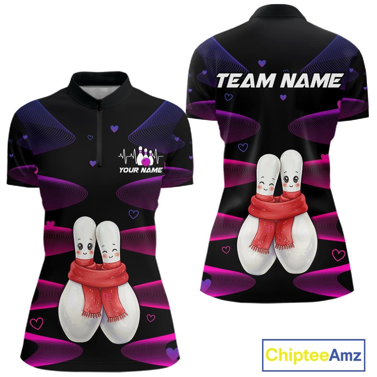 Personalized Valentine Bowling Shirt for Couples Bowling Jersey Pink Bowling Gift Polo & 1/4-Zip QZT870