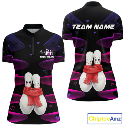 Personalized Valentine Bowling Shirt for Couples Bowling Jersey Pink Bowling Gift Polo & 1/4-Zip QZT870