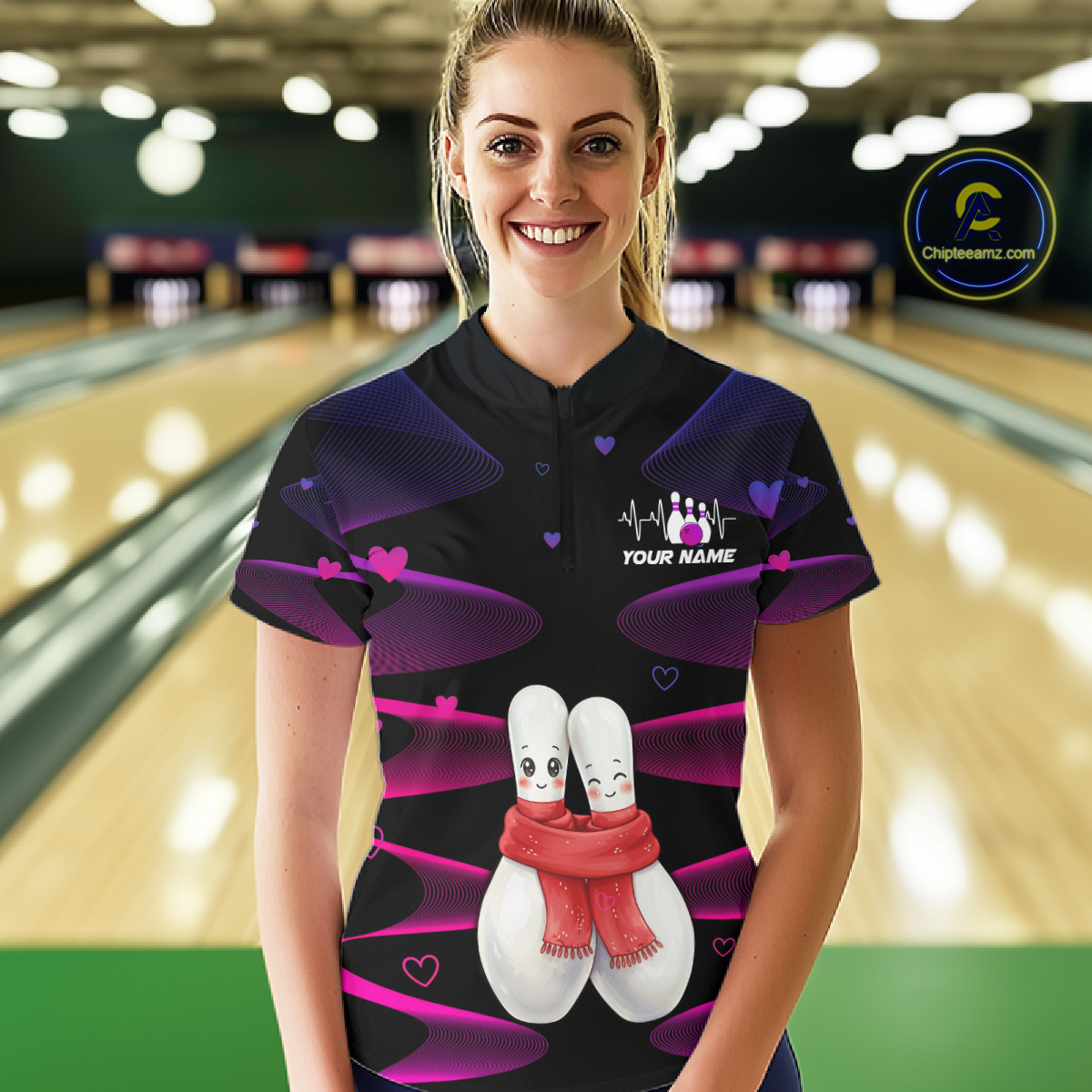 Personalized Valentine Bowling Shirt for Couples Bowling Jersey Pink Bowling Gift Polo & 1/4-Zip QZT870