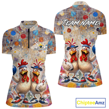 Custom Funny Chicken Bowling Team Shirt for Women Colorful Bowling Buddy Shirt Polo & 1/4 Bowling Outfit QZT955