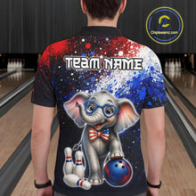 Load image into Gallery viewer, Man wearing custom American Flag elephant bowling polo shirt, back view mockup, personalized bowling league jersey.
