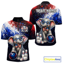 Load image into Gallery viewer, Custom American Flag elephant bowling quarter-zip shirt, front and back views, bowling league jersey for men