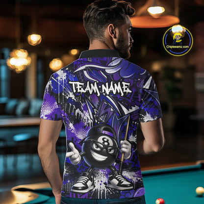Person wearing a purple and blue themed shirt with a pool ball design in a bar setting.