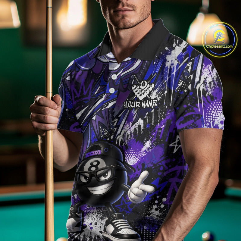 Person wearing a colorful polo shirt with a pool ball design, holding a pool cue in a billiards setting.