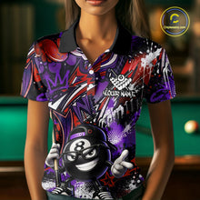 Load image into Gallery viewer, Person wearing a colorful polo shirt with a billiards theme, standing in front of a pool table.