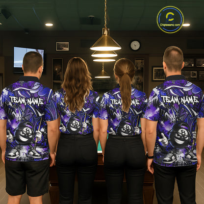 Four people wearing matching purple bowling shirts with a team name on a bowling alley.