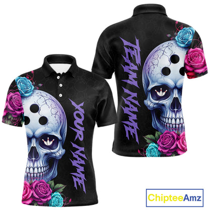 Black polo shirt with skull and floral design on front and back, customizable text.