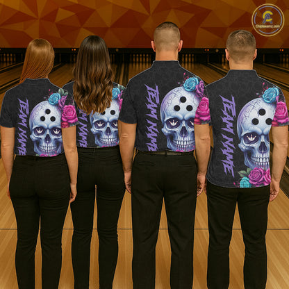 Four people wearing shirts with colorful skull designs on a bowling alley floor.