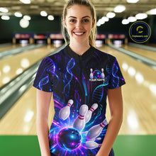 Load image into Gallery viewer, Woman wearing custom Neon DNA bowling 1/4 zip shirt, front view mockup, personalized bowling league jersey.