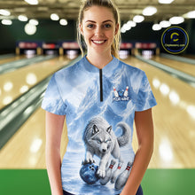 Load image into Gallery viewer, Person wearing a bowling shirt with a wolf design in a bowling alley.