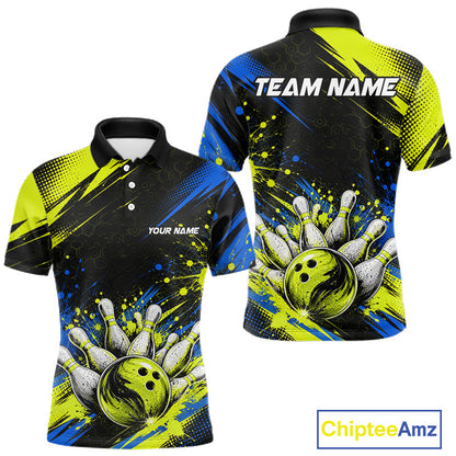 Custom short-sleeve polo shirt shown from the front and back, featuring a bowling theme with a bowling ball and pins graphic, yellow and blue paint splatters, and customizable text placeholders 'YOUR NAME' and 'TEAM NAME'.