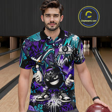Load image into Gallery viewer, Man wearing a colorful bowling shirt with a design on a bowling alley.