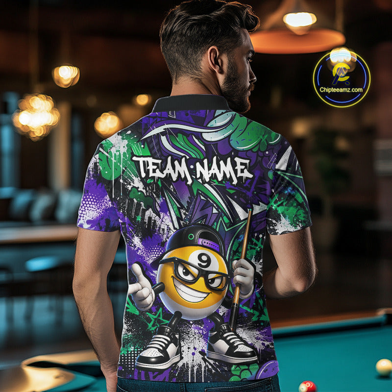 Man wearing a colorful polo shirt with a pool ball design in a bar setting