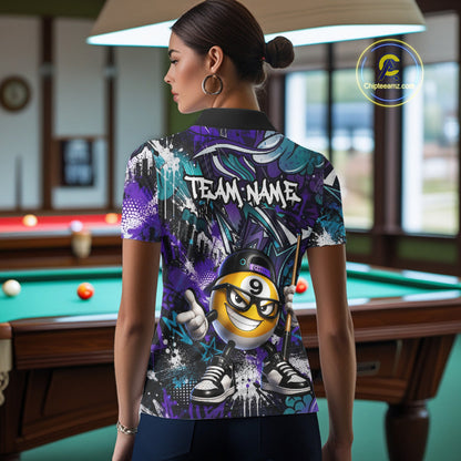Person wearing a colorful polo shirt with a billiard ball design in a pool hall.