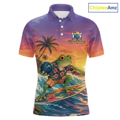 A short-sleeve polo shirt with a vibrant all-over graphic print featuring a green frog surfing on a beach with palm trees and a sunset sky. The shirt has a purple collar and sleeve trim, white buttons, and a customizable chest graphic with the text 'Your Name' and a cartoon character.