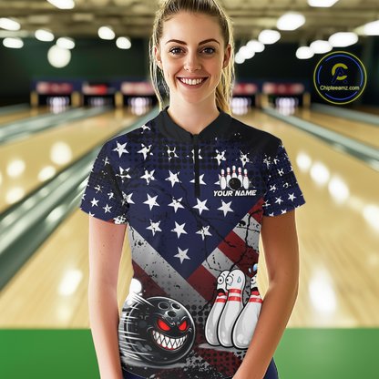 Custom American Flag Funny Bowling Team Shirt for Women Polo & Quarter-Zip Bowling Jersey Blue Red White QZT928