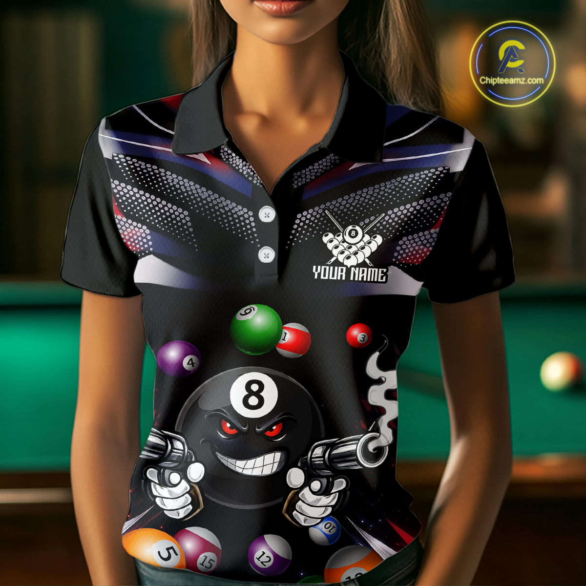 Custom Funny American Flag 8 Ball Pool Shirt for Women Billiard Jersey Polo & 1/4 Zip Billiard Shirt BHT16