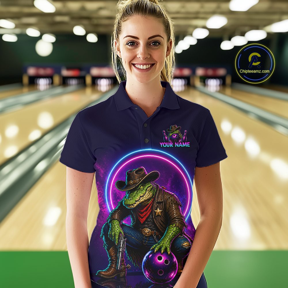 Custom Neon Cowboy Alliagator Bowling Shirt for Women Bowling Team Jersey Polo & 1/4-Zip Bowling Outfit QZT1013