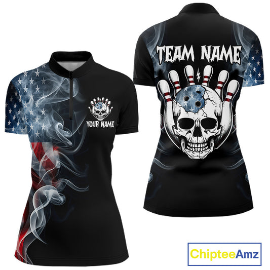 Custom American Flag Skull Bowling Team Jersey for Women Bowling Shirt Bowling Outfit QZT1191