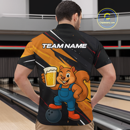 Funny Squirrel and Beer Bowling Team Shirt for Men Custom Bowling League Jersey Bowling Outfit QZT813
