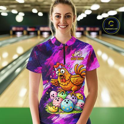 Custom Funny Chicken Bowling Team Shirt for Women Easter Bowling League Jersey Polo & 1/4-Zip QZT939
