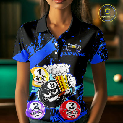 Custom Blue Funny 8 Ball Pool Billiard Team Shirts for Women Billiard League Jersey Polo &1/4 Zip BHT2