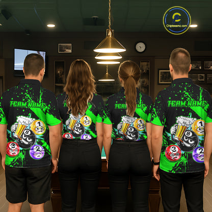 Custom Green Funny 8 Ball Pool Billiard Team Shirts for Men Billiard League Jersey Polo &1/4 Zip BHT2