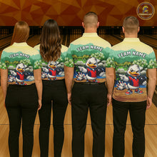 Load image into Gallery viewer, Four people wearing matching shirts with a cartoon character on a bowling alley.