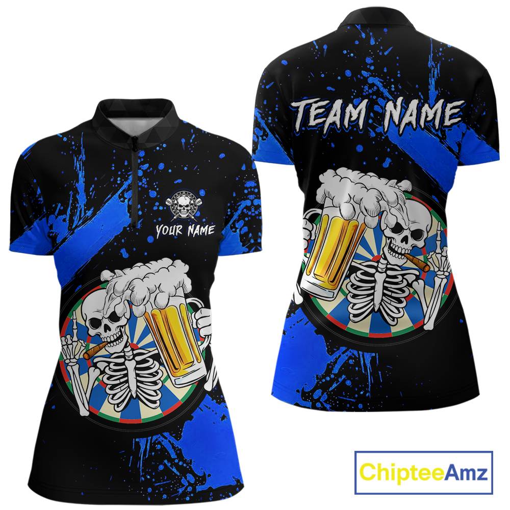 Custom Blue Skeleton Dart Jersey for Team Polo & 1/4 Zip Beer Dartboard Shirts Dart Jerseys Gift for Women DHT3