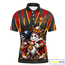 Load image into Gallery viewer, Polo shirt with a cartoon character holding a bowling ball on a black background, featuring the brand 'ChipteeAmz'.