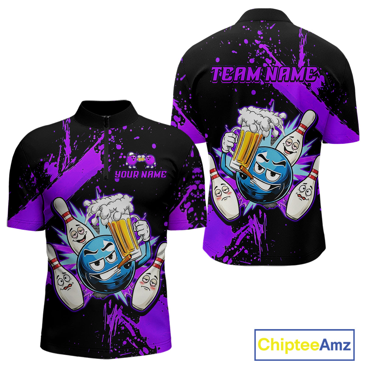 Custom Purple Funny Beer Bowling Shirt for Men Bowling League Jersey Polo 1/4 Zip Bowling Outfit QZT822