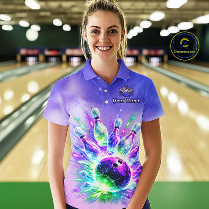 Custom Aurora Bowling Team Shirt Neon Glow Bowling Jersey Cosmic Galaxy Bowling Uniform for Women QZT966