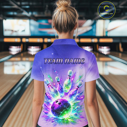 Custom Aurora Bowling Team Shirt Neon Glow Bowling Jersey Cosmic Galaxy Bowling Uniform for Women QZT966