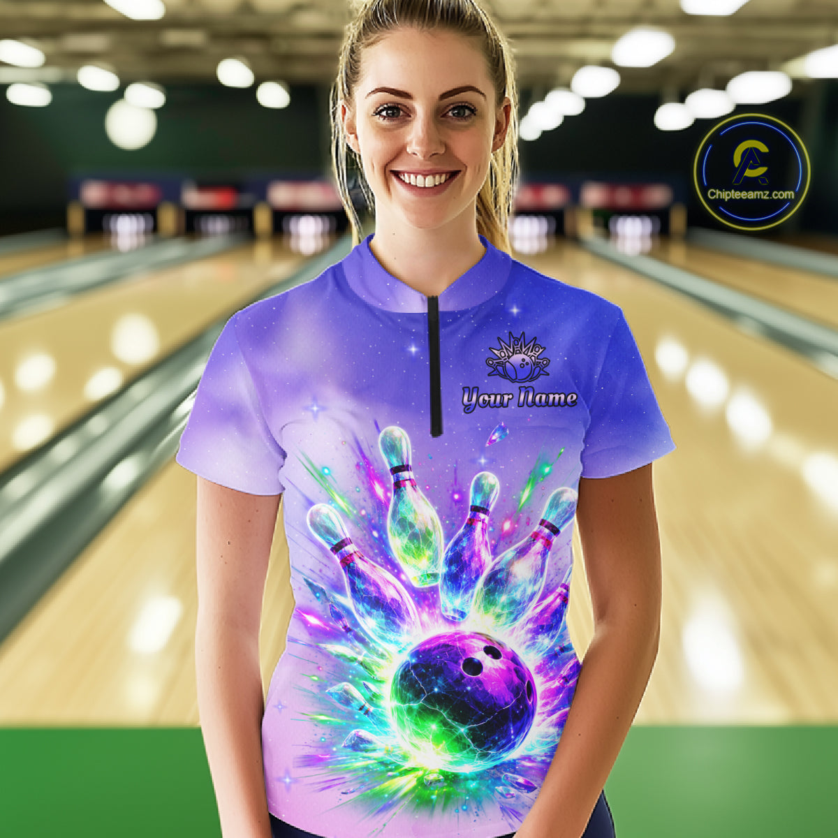 Custom Aurora Bowling Team Shirt Neon Glow Bowling Jersey Cosmic Galaxy Bowling Uniform for Women QZT966