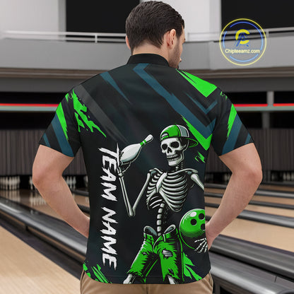 Custom Green Skull Bowling Team Shirt for Men Polo & 1/4 Zip Bowling League Jersey Bowling Unisex QZT794