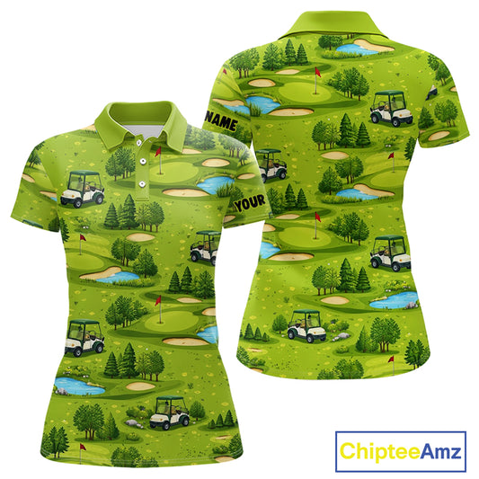 Womens Golf Polo Shirt Custom Gofl Ball Green Golf Course Pattern Team Golf Tops, Golf Gifts NHN0163
