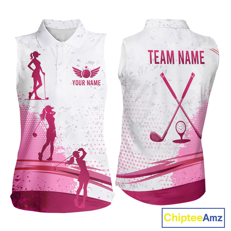 Pink White Womens Golf Polo Shirts Custom Name Golf Shirts For Women Sleeveless Personalized Golf Ball Gifts NHN0037